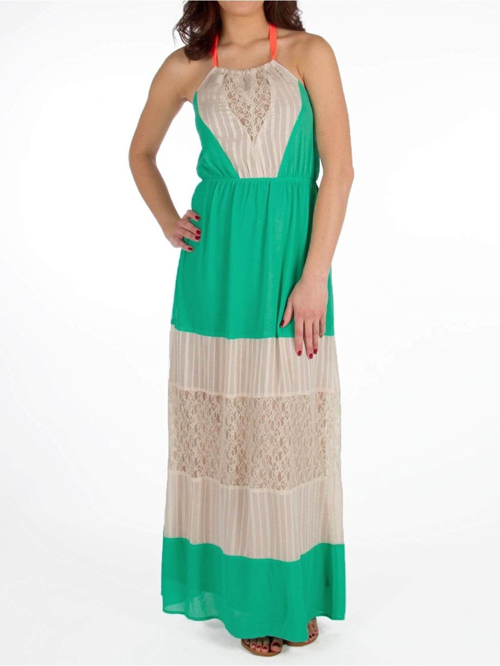 Flying Tomato Colorblock Lace Maxi Dress Green Cream Neon Coral Size Small
